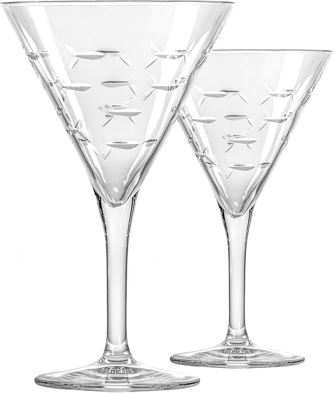 Rolf Glass School of Fish Martini Glass | Stemmed 7.5 oz. Martini Glasses | Lead-Free Glass | Diamond-Wheel Engraved Cocktail Glasses | Made in the USA (Set of 2)