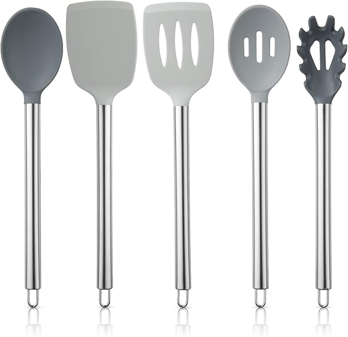 COOK WITH COLOR Silicone Cooking Utensils, Kitchen Utensil Set, Easy to Clean Silicone Kitchen Utensils, Cooking Utensils for Nonstick Cookware, Kitchen Gadgets Set, 5 Pieces, Grey Ombre