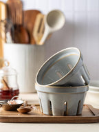 Gomakren Fruit Bowl with Holes, Ceramic Berry Basket Set of 2, 5.8 Inch Round Fruit Storage Containers for Kitchen, Farmhouse Strawberry Basket for Berries, Grape, Cherry, Gray