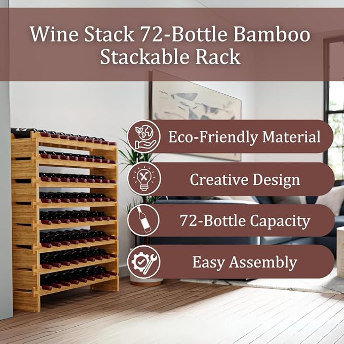 72 Bottle Bamboo Stackable Freestanding Wine Rack, No Tools Assembly, Durable, Wine and Liquor Bottle Storage for Small Spaces