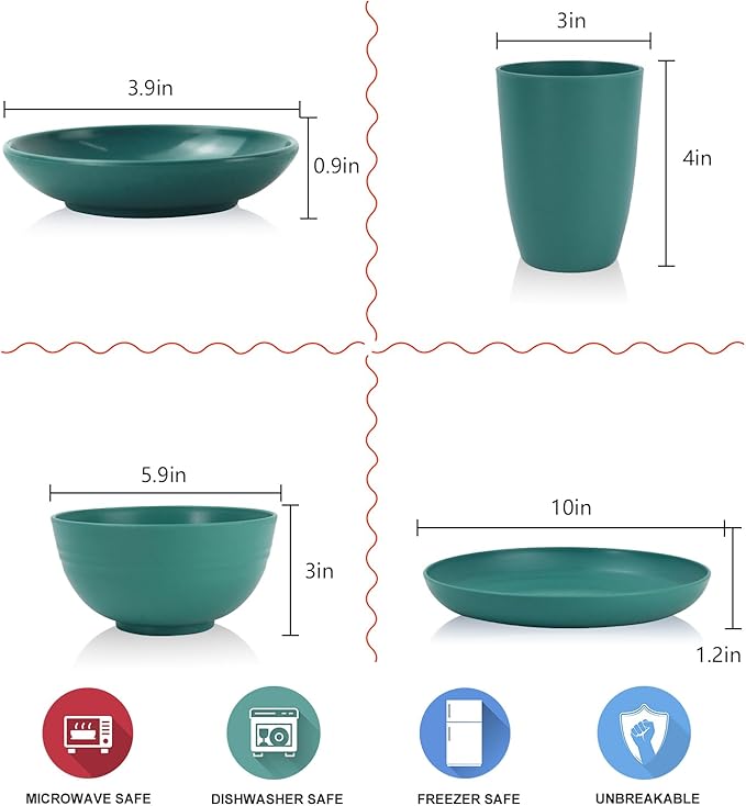 Wheat straw plates and bowls set of 16 - Unbreakable wheat straw dinnerware sets for kids - Alternative plastic dinnerware set service for 4 - Microwave safe and Dishwasher safe bowls. Green