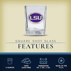 Heritage Pewter LSU Lousianna State University Square Shot Glass | Hand-Sculpted 1.5 Ounce Shot Glass | Intricately Crafted Metal Pewter Alma Mater Inlay