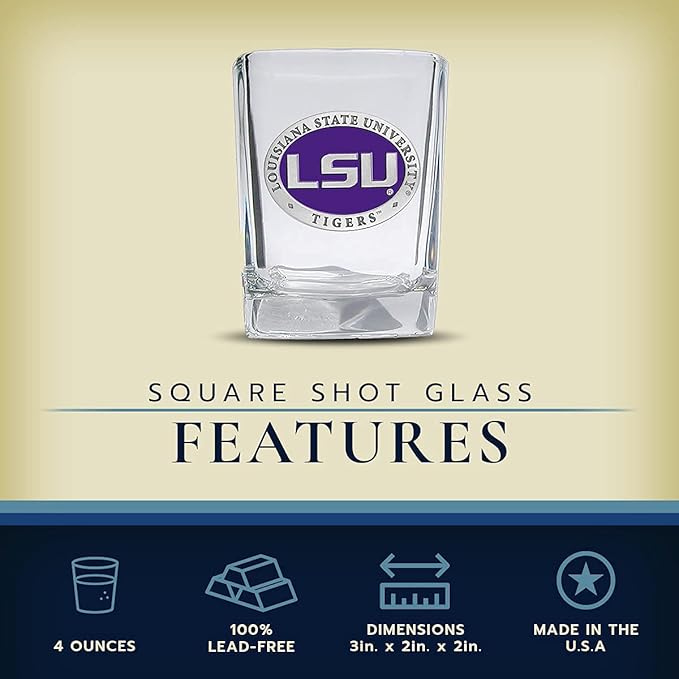 Heritage Pewter LSU Lousianna State University Square Shot Glass | Hand-Sculpted 1.5 Ounce Shot Glass | Intricately Crafted Metal Pewter Alma Mater Inlay