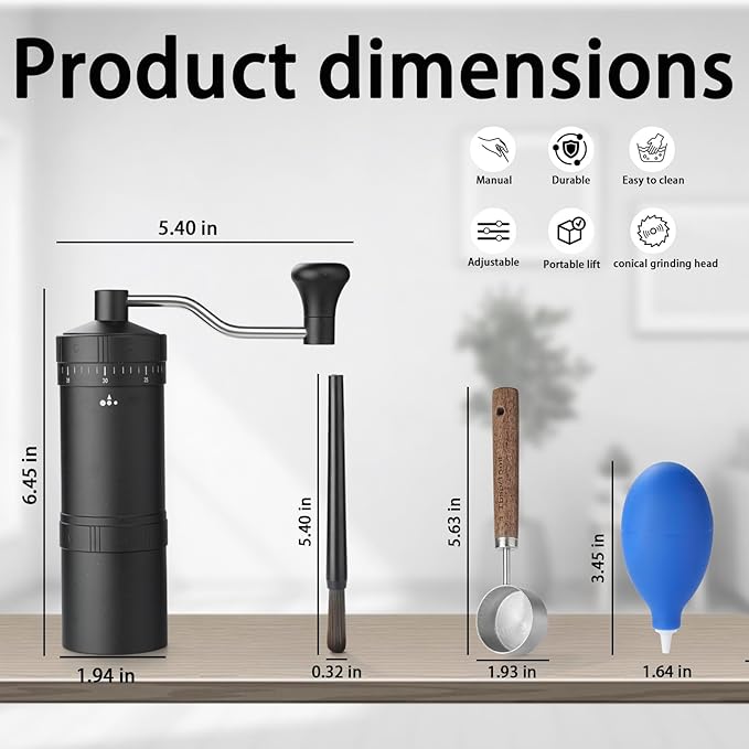Manual Coffee Grinder with 7 Star Stainless Steel Conical Burr, Portable Coffee Grinder with External Adjustable Grind Setting (Black)