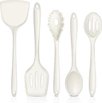 TeamFar Silicone Cooking Utensils Set of 5, Kitchen Utensils Solid & Slotted Spoons Turners Pasta Server for Nonstick Cookware, Healthy & Heat-Resistant, Seamless & Non-Scratch, Dishwasher Safe, White