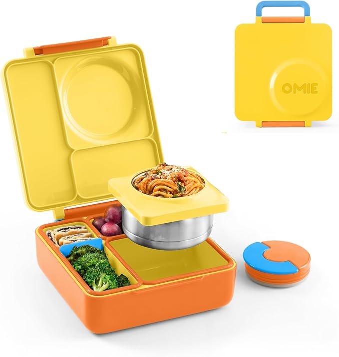 OmieBox Bento Box for Kids - Insulated Bento Lunch Box with Leak Proof Vacuum Insulated Food Jar - 3 Compartments, Two Temperature Zones (Sunshine)