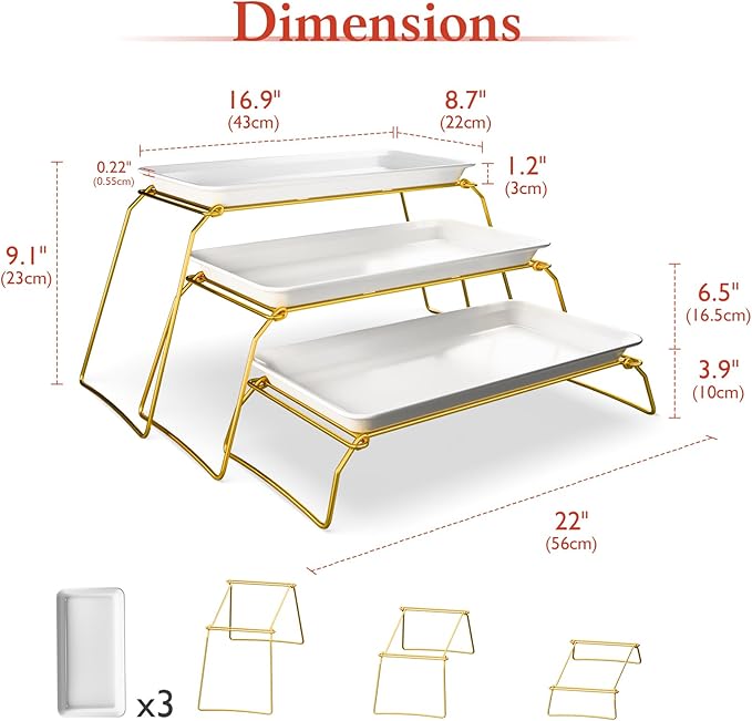 Extra Large 3-Tier Melamine Serving Tray Set and Cupcake Stand for Party Events, 17" Platters with Tiered Stand, Holds 63 Cupcakes, Food, Dessert, and Fruit, 24K Gold-Plated