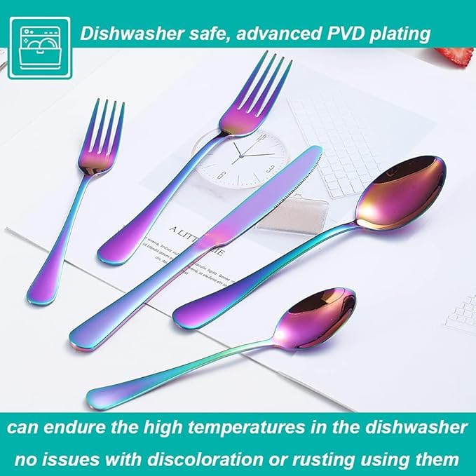 50 Pcs Rainbow Silverware Set for 10, Food Grade Stainless Steel Flatware Set, Eating Utensils Sets Include Fork/Knife/Spoon,Home Kitchen Tableware Set, Reusable Cutlery Set, Dishwasher Safe