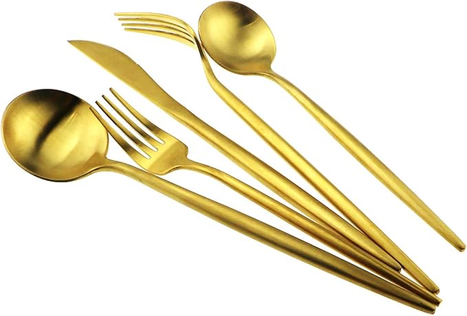 Gugrida 5-Piece 18/10 Stainless Steel Matte Gold Flatware Set - Dishwasher Safe, Perfect for Home, Office, or Travel