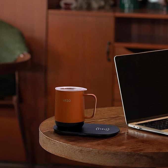 Temperature Control Smart Mug, Self Heating Coffee Mug LED Display, 180 Min Battery Life - Hot up to 149℉ Fast Wireless Charger Base Improved Design (12oz, Orange)