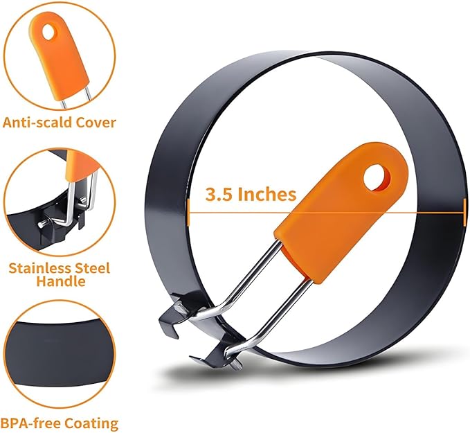 4PCS 3.5" Stainless Steel Egg Ring, Non Stick Omelet Mold with Brush Professional Pancake Mold Ring with Silicone Handle Egg Muffin for Breakfast, Mini Pancakes, and Fried Eggs.