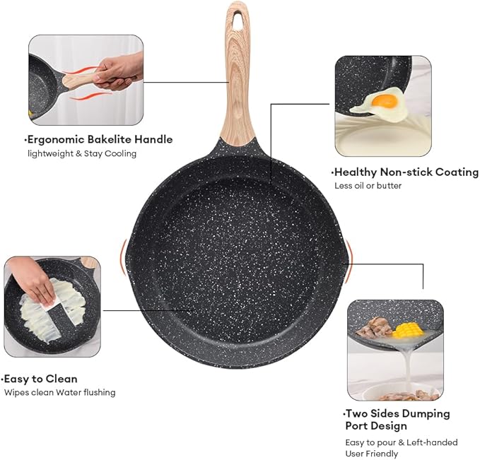 JEETEE Nonstick Frying Pans Skillet with Lid, 12.5" Granite Non-Stick Frying pan, Aluminum Pans with Bakelite Handle, Compatible with All Stovetops (Gas, Electric & Induction), Grey