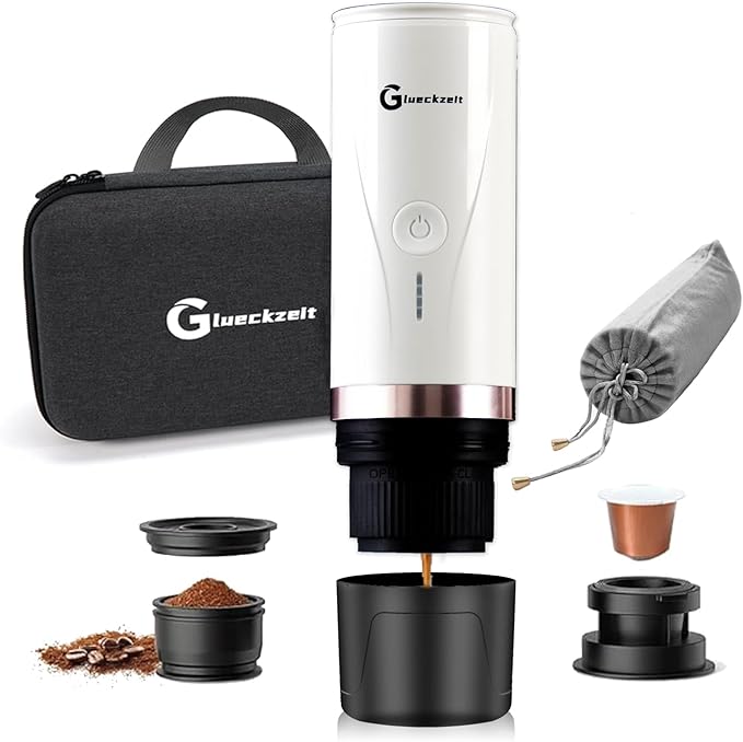 Portable Electric Espresso Machine, Car Travel Self-Heating Electric Coffee Maker for Camping with Type-C, Suitable for ground coffee and Ns capsules for RV, Hiking, Office Spring Travel White Heating