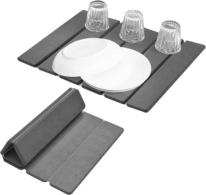 Stone Dish Drying Mat For Kitchen Counter, 16 x 12 Inch Collapsible Stone Drying Mat, Quick Dry Absorbent Diatomaceous Earth Mat, Self-Drying Dish Drying Mat For Dishes Sink Bathtub-Gray