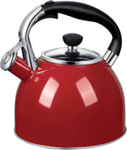 Rorence Whistling Tea Kettle: 2.5 Quart Stainless Steel Kettle with Capsule Bottom & Heat-resistant Glass Lid (Red)