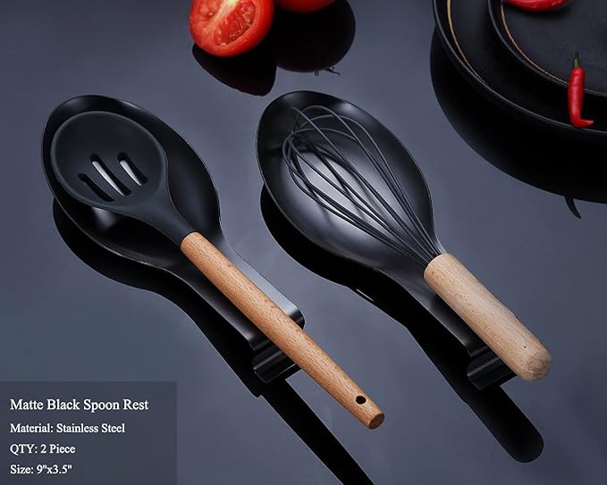 Matte Black Spoon Rest, Stainless Steel Spoon Holder for Stove Top, kitchen utensils Holder for Ladles, Tongs, Spatula, Stove Spoon Holder, Pot Lid Holder, Dishwasher Safe (2PC-9.5 Inch)