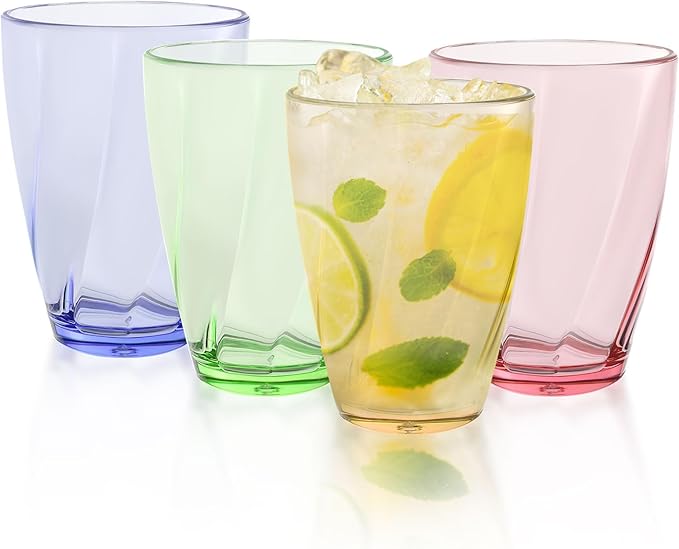 Topsky 12-ounce Plastic Water Tumblers | Set of 4 Colorful Unbreakable Drinking Glasses Clear Acrylic Reusable Juice Wine Cups for Home Picnic Party, Dishwasher Safe,Stackable