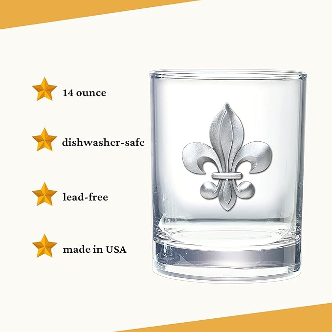 Heritage Pewter Fleur de Lis Double Old Fashion | Double Rocks Glass 14 OZ for Liquor | Expertly Crafted Pewter Glass
