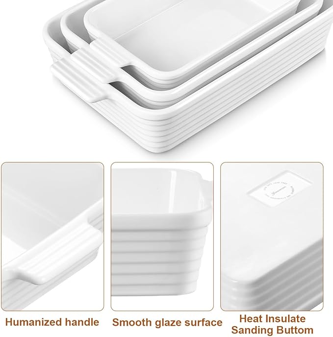 Jassceram Casserole Dishes for Oven, 3-Piece Ceramic Baking Dish Set, Rectangular Lasagna Pan Deep with Handles, Nesting Bakeware for Baking & Roasting, Oven Safe (9.6 to 13.1 Inch), White - Christmas Gift