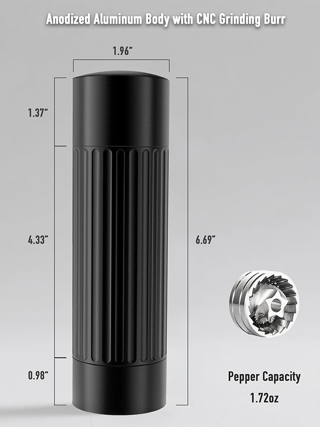 Pepper Grinder Mill, Professional Grade Manual Pepper Grinder, High Output Heavy Duty Pepper Mill Grinder, Refillable, Aluminum Matte Black, Stainless Steel Burrs, Adjustable Coarseness Grind Settings