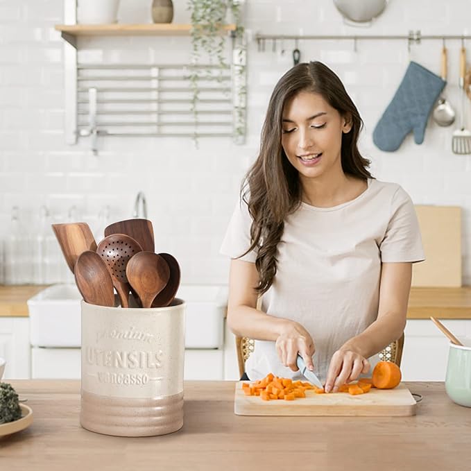 vancasso Sabine Utensil Holder, 7.2" Large Utensil Crock for Kitchen Counter, Ceramic Utensil Crock Storage, Matte Cream-Colored Farmhouse Utensil Organizer, Utensil Storage for Home Décor, Gifts