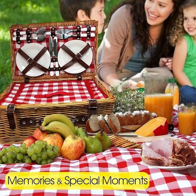 Nature Gear Picnic Basket, Wicker Basket with Handle for Outdoors, Insulated Woven Basket, Includes a Service Kit of Dinnerware & Wine Glasses, Picnic Basket Set for 4 with Blanket, Red & White