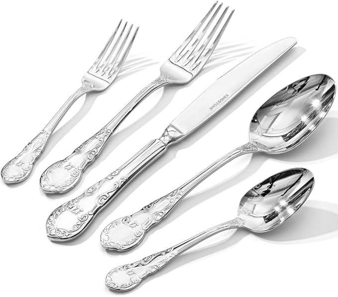 KINGSTONE Vintage Silverware Set, 60-Piece 18/10 Stainless Steel Retro Royal Flatware Cutlery Set for 12 with Carved Thick Handles, Tableware Utensils for Home,Party,Restaurant,Wedding,Dishwasher Safe