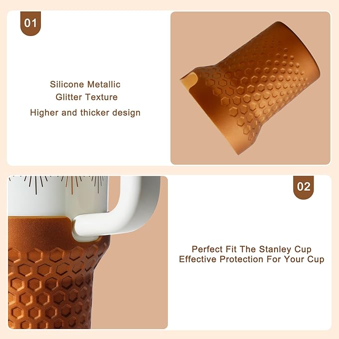 Metallic Glitter Boot for Stanley, Silicone Protector Sleeve Accessories for Stanley Quencher H2.0 FlowState Tumbler 40oz / Adventure Quencher Tumbler 40oz (Bronze)