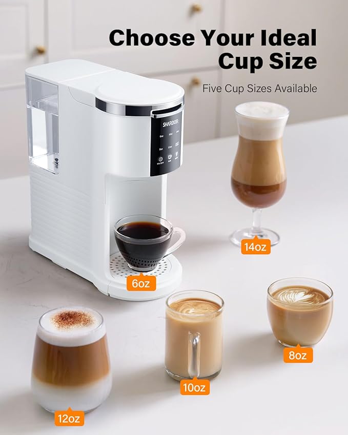 SHARDOR 3 in 1 K Cup Coffee Maker, Single Serve Coffee Maker for K Cup Pods & Ground Coffee & Teas, 6 to 14oz Brew Sizes, 40oz Detachable Water Reservoir, Compact Design, White