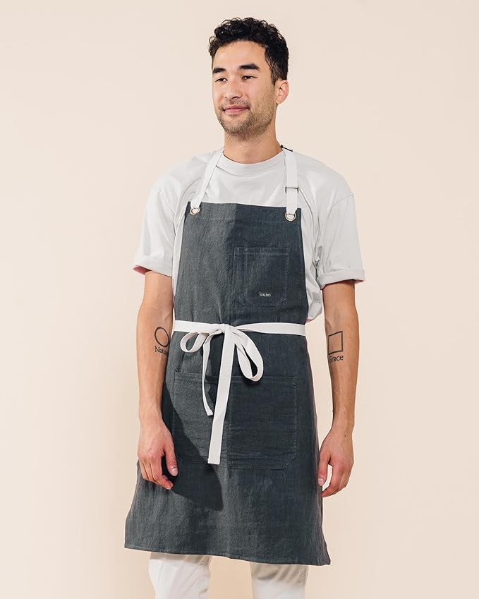 Caldo Linen Kitchen Apron for Cooking- Mens and Womens Linen Bib Apron for Professional Chef, Server, or Barista - Adjustable with Pockets (Slate)