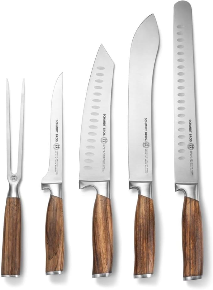 Zebra Wood 6-Piece BBQ Knife Set - Fully Forged Stainless Steel Grilling Utensils Including Brisket, Butcher, Chef's, Boning Knives, Carving Fork, Knife Carrying Roll