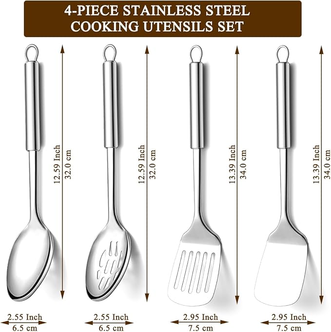 Homquen Kitchen Utensils Set 4pcs, Stainless Steel Cooking Utensils Set, Kitchen Tools Spatulas Set, Cooking Spoons, Home Essentials Kitchen Gadgets Accessories
