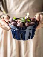 Gomakren Fruit Bowl with Holes, Ceramic Berry Basket Set of 2, 5.8 Inch Round Fruit Storage Containers, Strawberry Baskets, Farmhouse Kitchen Decor - Cobalt Blue