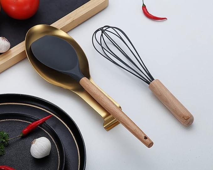 Matte Gold Spoon Rest, Stainless Steel Holder for Stove Top, Kitchen Utensils for Ladles, Tongs, Spatula, Pot Lid, Dishwasher Safe (2PC-9.5 Inch)