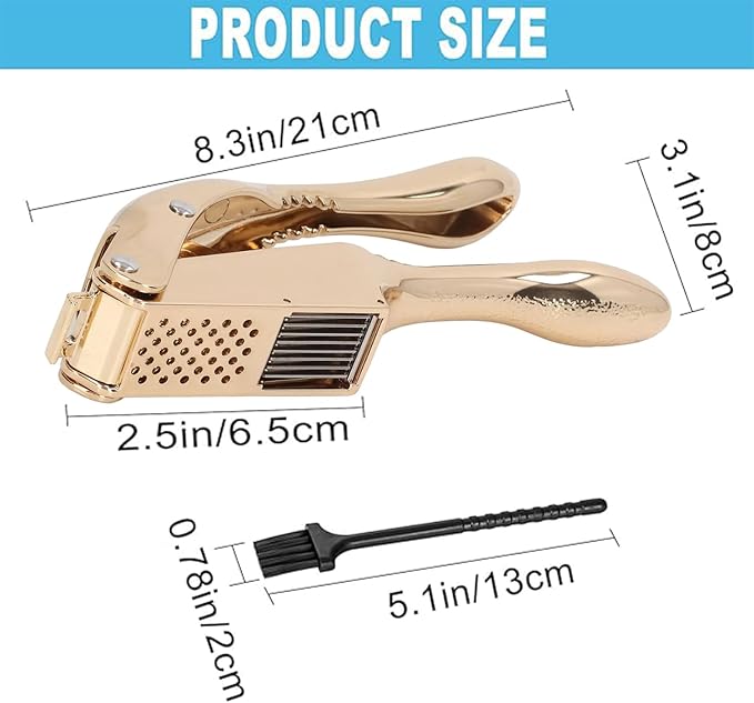 Garlic Press and Slicer 2 in 1, Rust Proof & Dishwasher Safe Professional Garlic Mincer Tool, Effortlessly Crush and Mince Garlic with this Ergonomic Handle-Garlic Slicer & Brush ANCQMI(Gold)