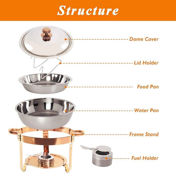 2-Pack Round Chafing Dishes for Buffet, 5QT Stainless Steel Buffet Chafing Set for Catering, Parties & Events-Rose Gold