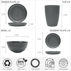 32-Piece Kitchen Plates and Bowls Sets,Lightweight Plastic Dishes Set for 8,Unbreakable Dinnerware Sets,Reusable Plates Set,Dishwasher and Microwave Safe, Dish Sets for Outdoor Camping,RV,Grey