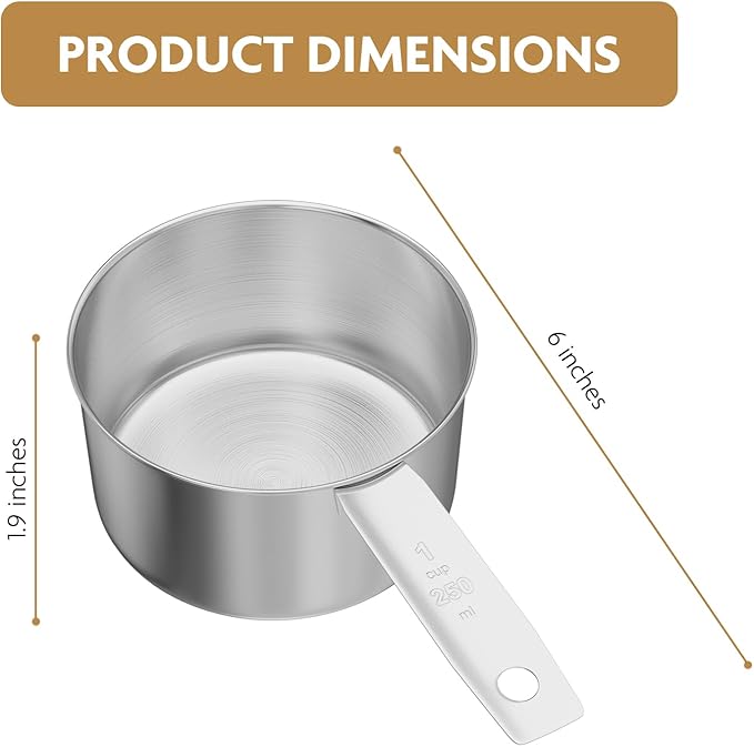 2PCS 1 Cup(16Tbsp, 240ml, 8oz) Stainless Steel Measuring Cup, Single Metal Scoop for Wet and Dry Ingredients, Great Kitchen Gadgets for Cooking