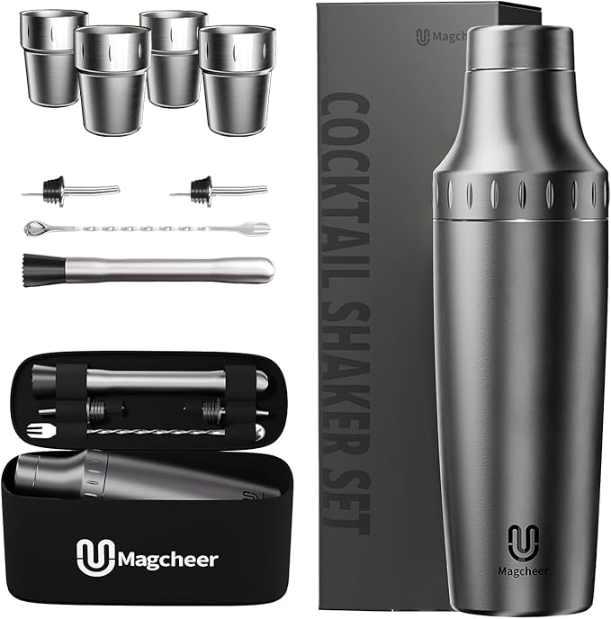 Hybrid Cocktail Shaker Set with Stackable Cups | Vacuum Insulated Stainless Steel Martini Shaker & Bartender Tools | Travel-Ready Kit | 30oz | Gunmetal Gray