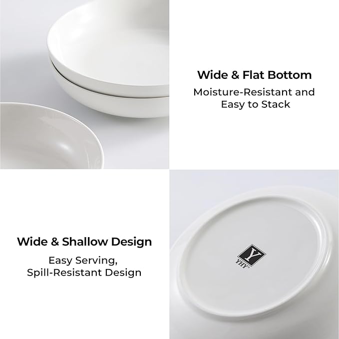 Y YHY Pasta Bowls, 22 Ounces Salad Ceramic Bowl Plate Set of 4, 7.8 Inch Porcelain Pasta Bowls for Serving Dinner and Salad，Wide and Shallow Bowls Set, Microwave and Dishwasher Safe, White