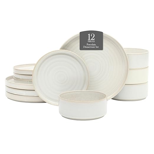 Gibson Elite Echo Bay 12 Piece Porcelain Reactive Glaze (Service for 4) Ceramic Plates and Bowls Modern Stackable Dinnerware Set - White
