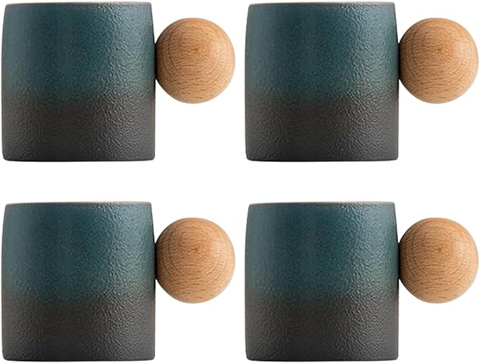 2-Oz Ceramic Espresso Cups with Wood Handle, 2/4-Piece Set for Coffee, Tea, Latte - Dishwasher Safe, Multi-Color & Wood Styles, Gift & Café Use (blue black, Round handle4)