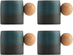 2-Oz Ceramic Espresso Cups with Wood Handle, 2/4-Piece Set for Coffee, Tea, Latte - Dishwasher Safe, Multi-Color & Wood Styles, Gift & Café Use (blue black, Round handle4)
