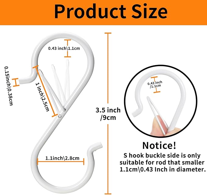 36 PCS S Hooks for Hanging with Safety Buckle, 3.5 inch Heavy Duty Metal S Shaped Hook for Kitchen Utensil, Cups, Pots, Plants, Bags, Hats (White)