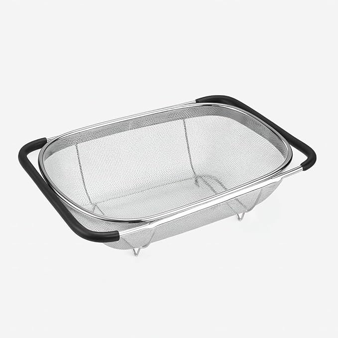 Premium Quality Over The Sink Stainless Steel Oval Colander with Fine Mesh 6 Quart Strainer Basket & Expandable Rubber Grip Handles - Strain, Drain, Rinse Fruits, Vegetables1