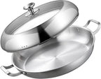 DELARLO 14 inch Paella Pan With Lid Tri-Ply Large Frying Pan Stainless Steel,Induction Skillets,Fast Heating Cookware,Indoors Outdoors,paelleras para 12 personas Jumbo Cooker