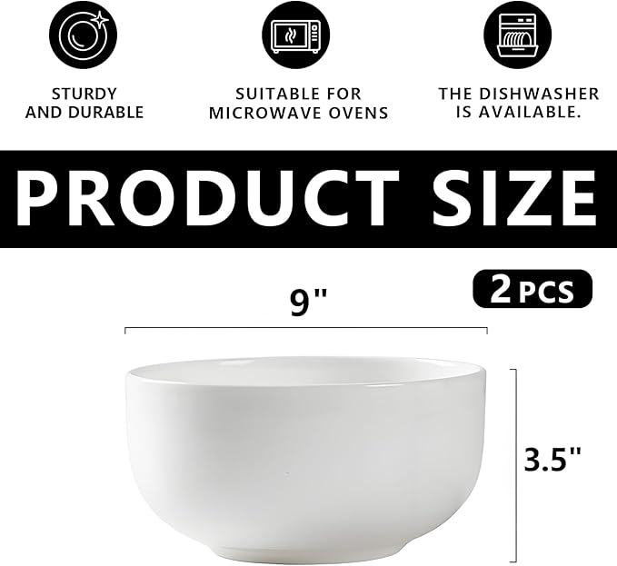 Serving Bowls, Large Salad Bowls, 9 Inch White Serving Bowl for Salad, Soup, Side Dishes, Pasta, Large Ceramic Bowl Set for Entertaining, Dinner Parties, Set of 2 (9 inch, set of 2)