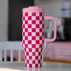 ProTour 100% Leakproof 40 oz Tumbler with Handle & 4-in-1 SipSwig Lid | Built-In Flip Straw & External Stainless Steel Straw | Insulated Stainless Steel Cup | BPA-Free | Pink Checkered