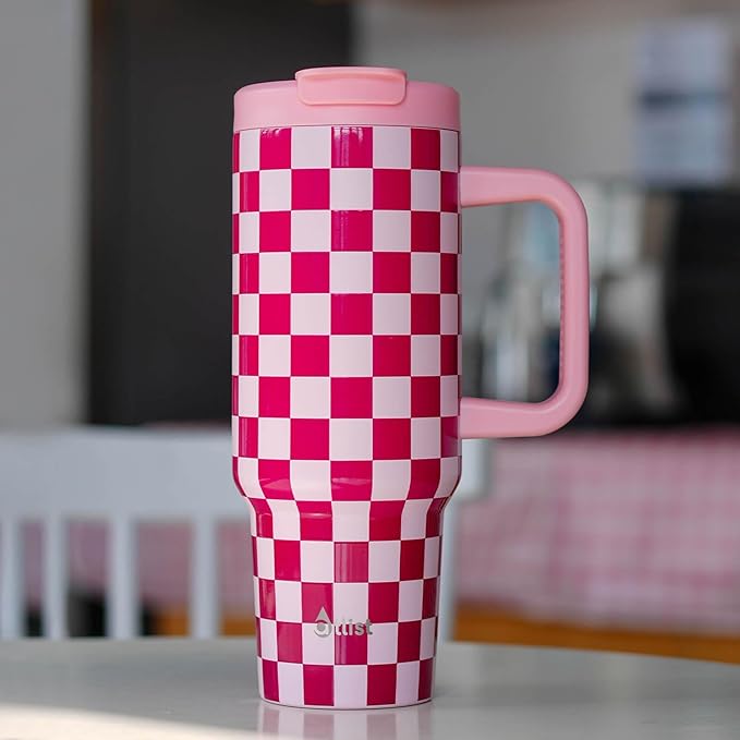 ProTour 100% Leakproof 40 oz Tumbler with Handle & 4-in-1 SipSwig Lid | Built-In Flip Straw & External Stainless Steel Straw | Insulated Stainless Steel Cup | BPA-Free | Pink Checkered