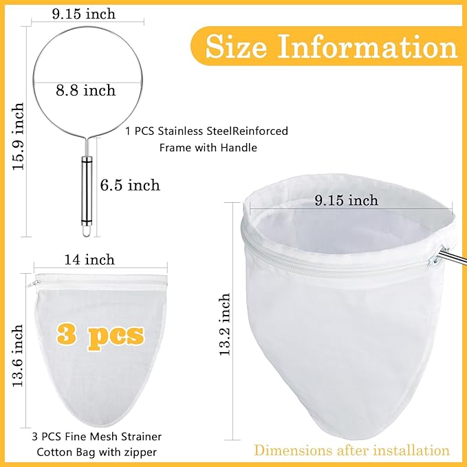 WMKGG Ultra Fine Mesh Strainer Bags,Cheese Cloth Bag for Straining, with Stainless Steel Handle Frame for Juices,Nut Milk,Fresh Cheese,Yogurt (Large Size)(9.15"Wx13.6"D)